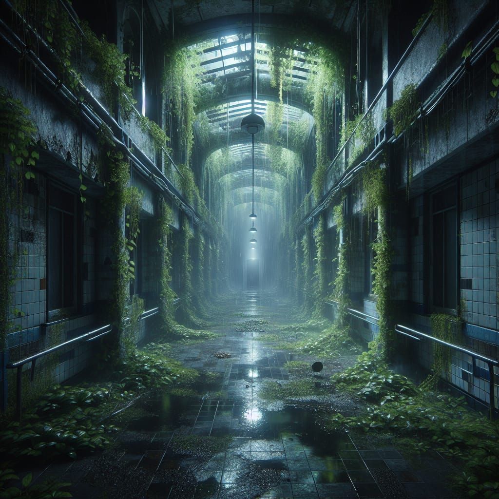 Photorealistic Overgrown Hospital Hallway in Liminal Space