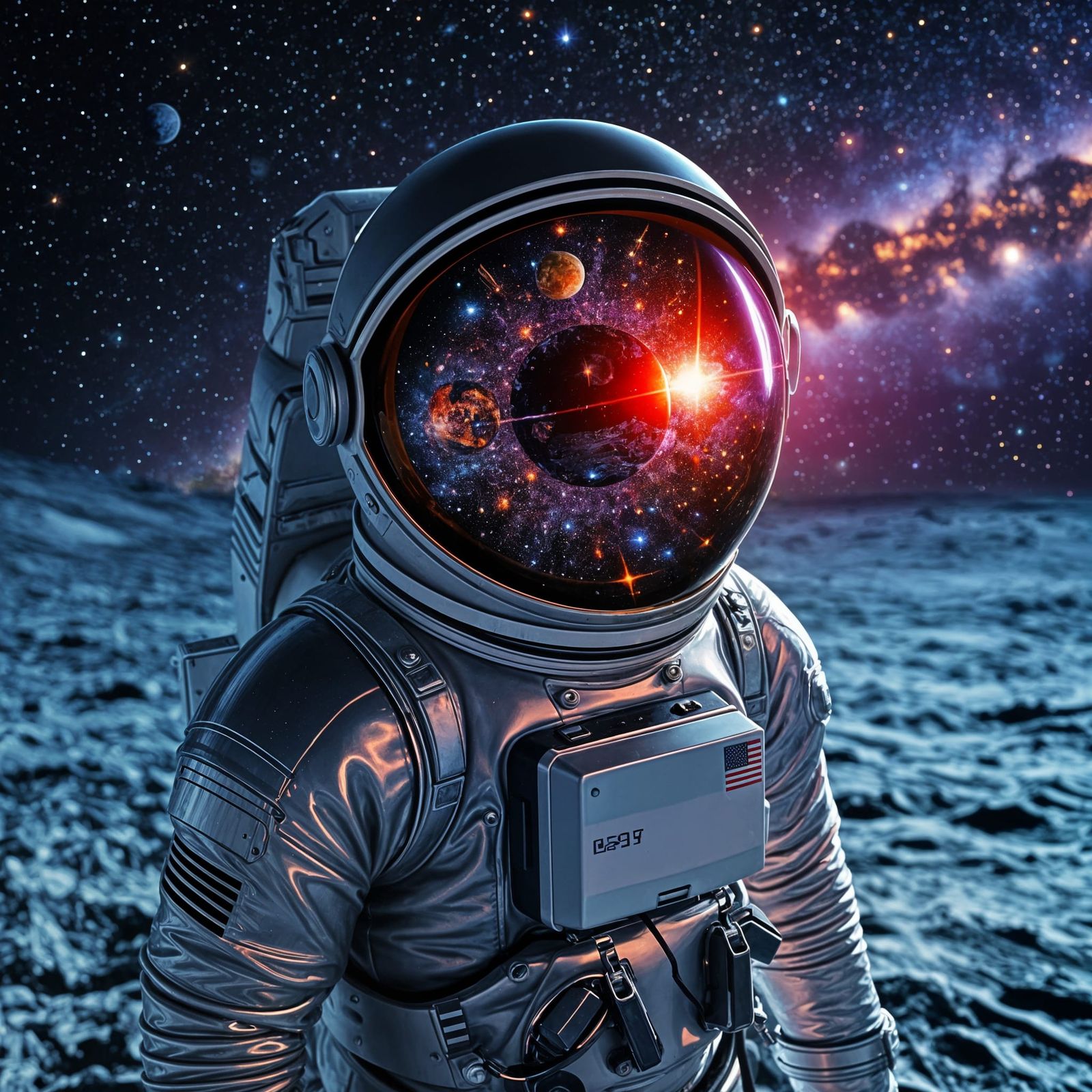 Astronaut on Moon with Galaxy Reflection
