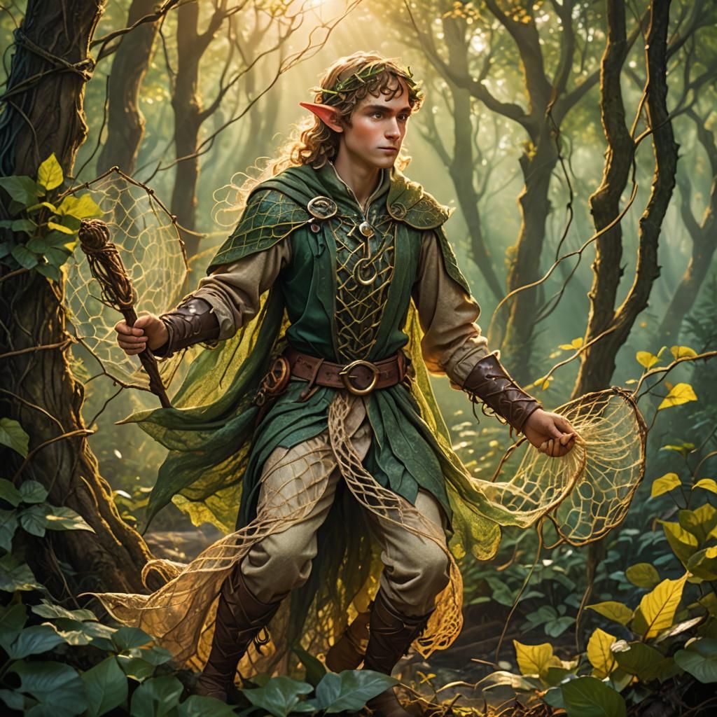 Elf with Fishing Net in Forest, Fantasy Illustration