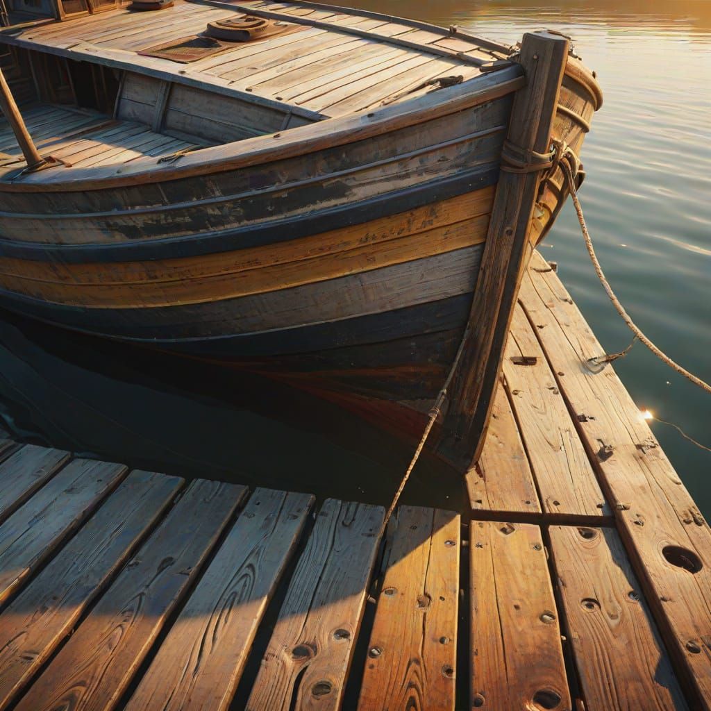 Photorealistic Wooden Boat with Golden Light