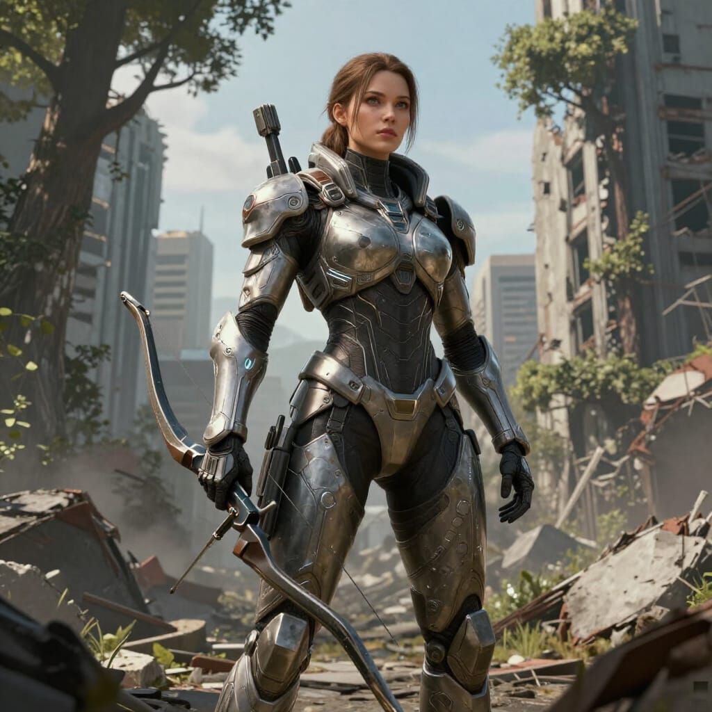 Female Warrior in Advanced Nanosuit Amidst Ruined City