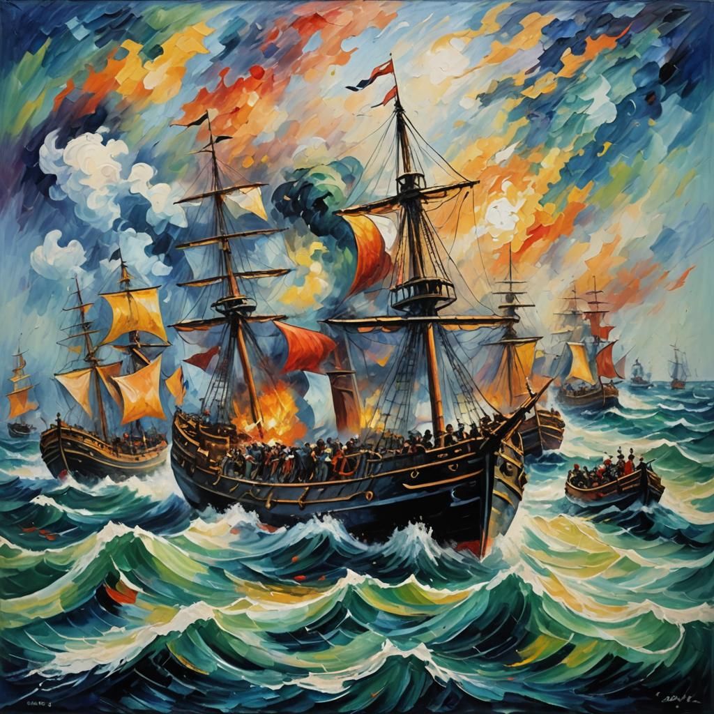 Epic Naval Battle in Expressionist Style