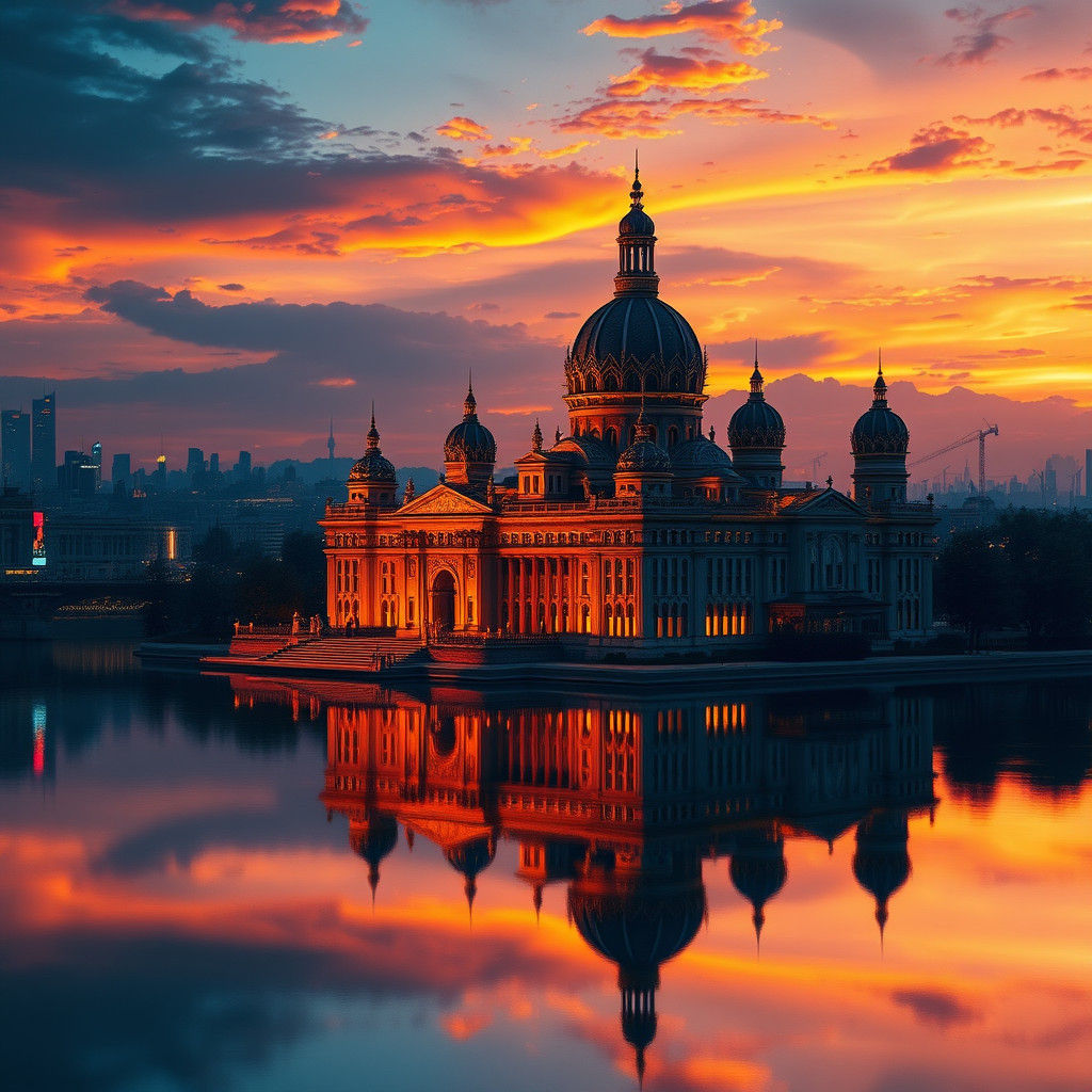 Ornate Palace Reflected at Sunset: Digital Art
