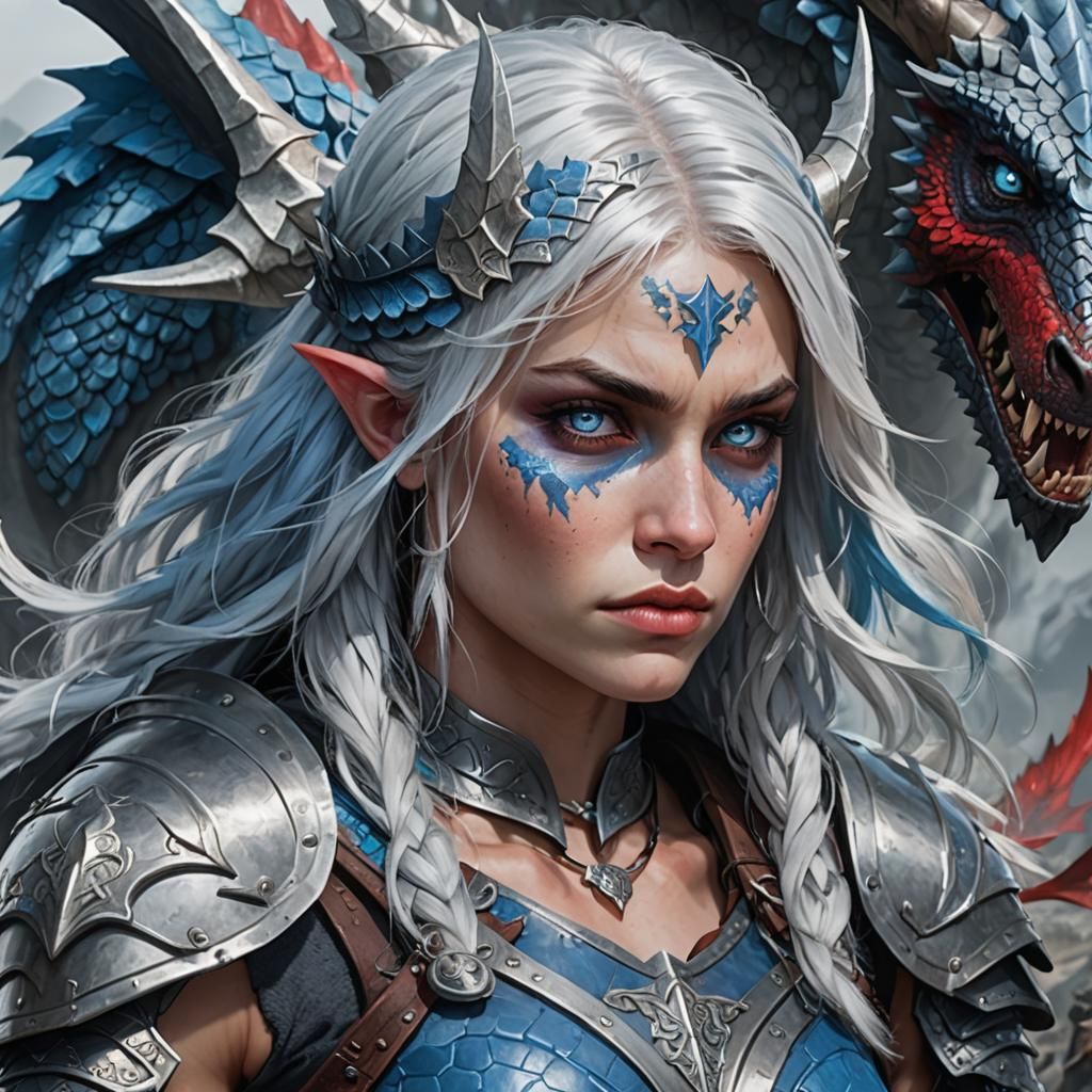 Blue-Skinned Barbarian Woman in Dragon Scale Armor