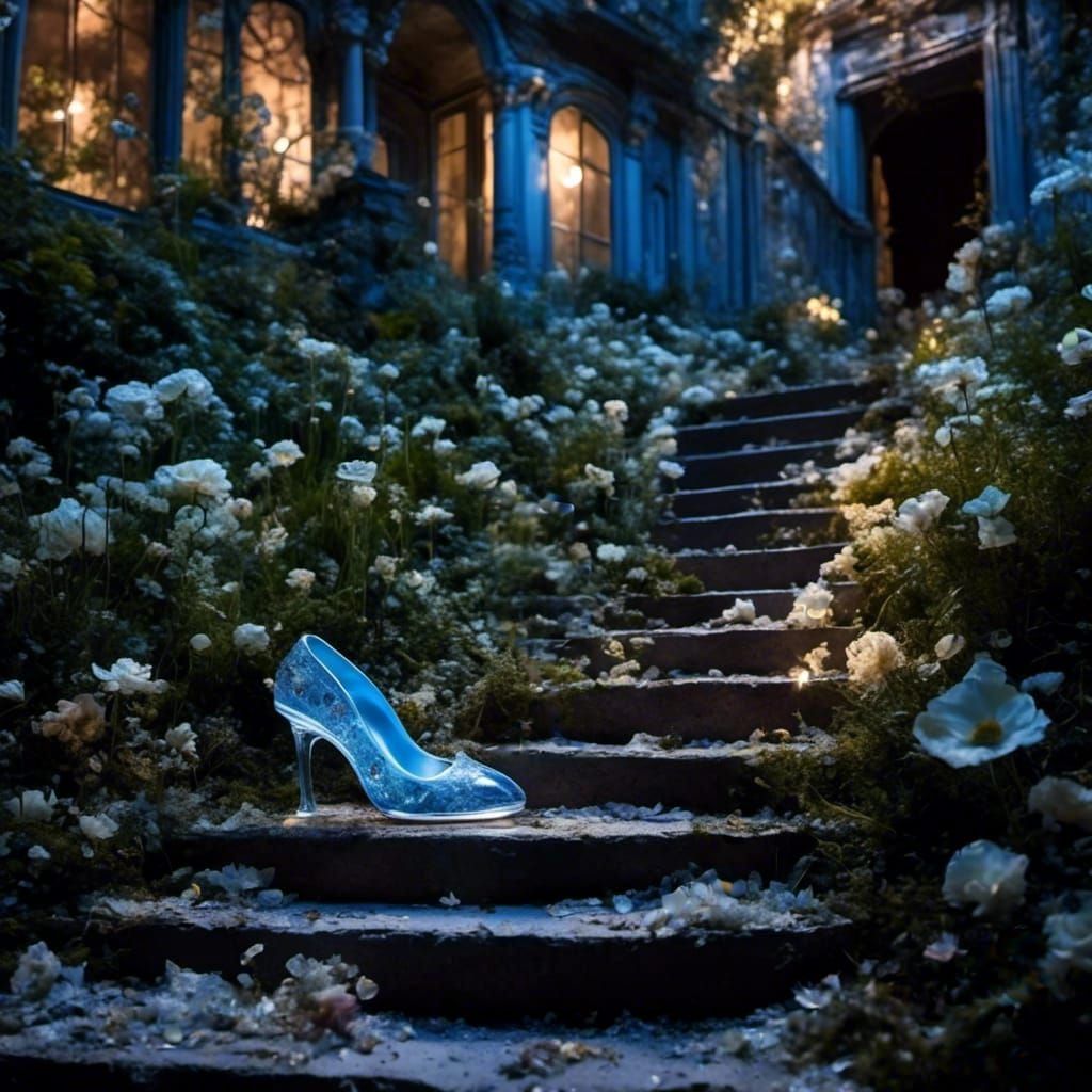Glass Slipper Abandoned on Stone Steps in Moonlight