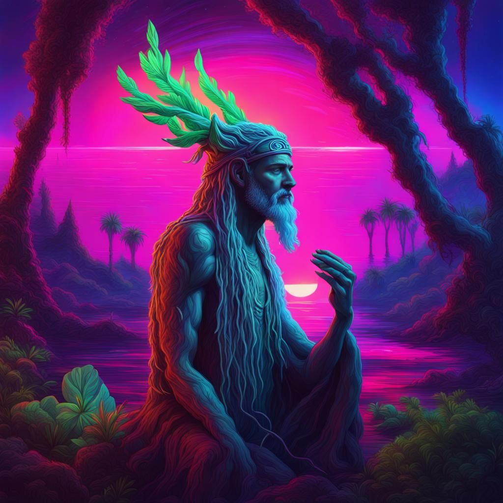 Neon Druid in Synthwave Nature: Digital Art