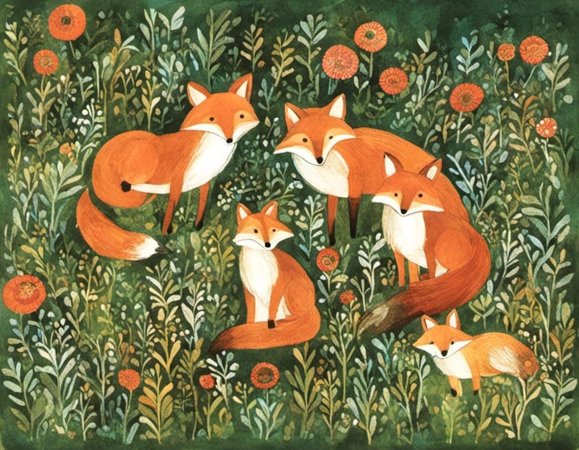 Charming Fox Family at Blackberry Hedge