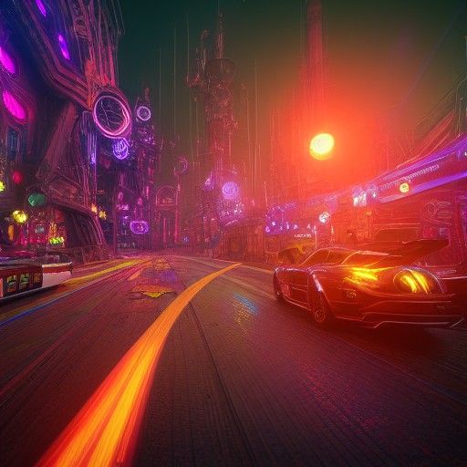 Steampunk Clockwork City with Neon Lights