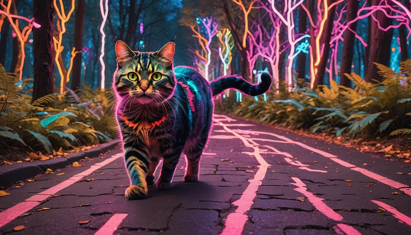 Neon Cat's Crazy Adventure in Luminous Forest