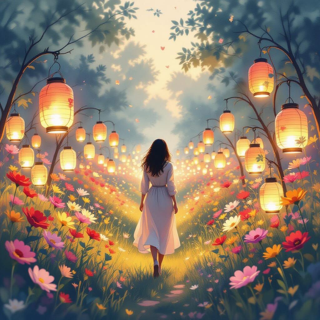 Whimsical Lantern Garden in Watercolor Style
