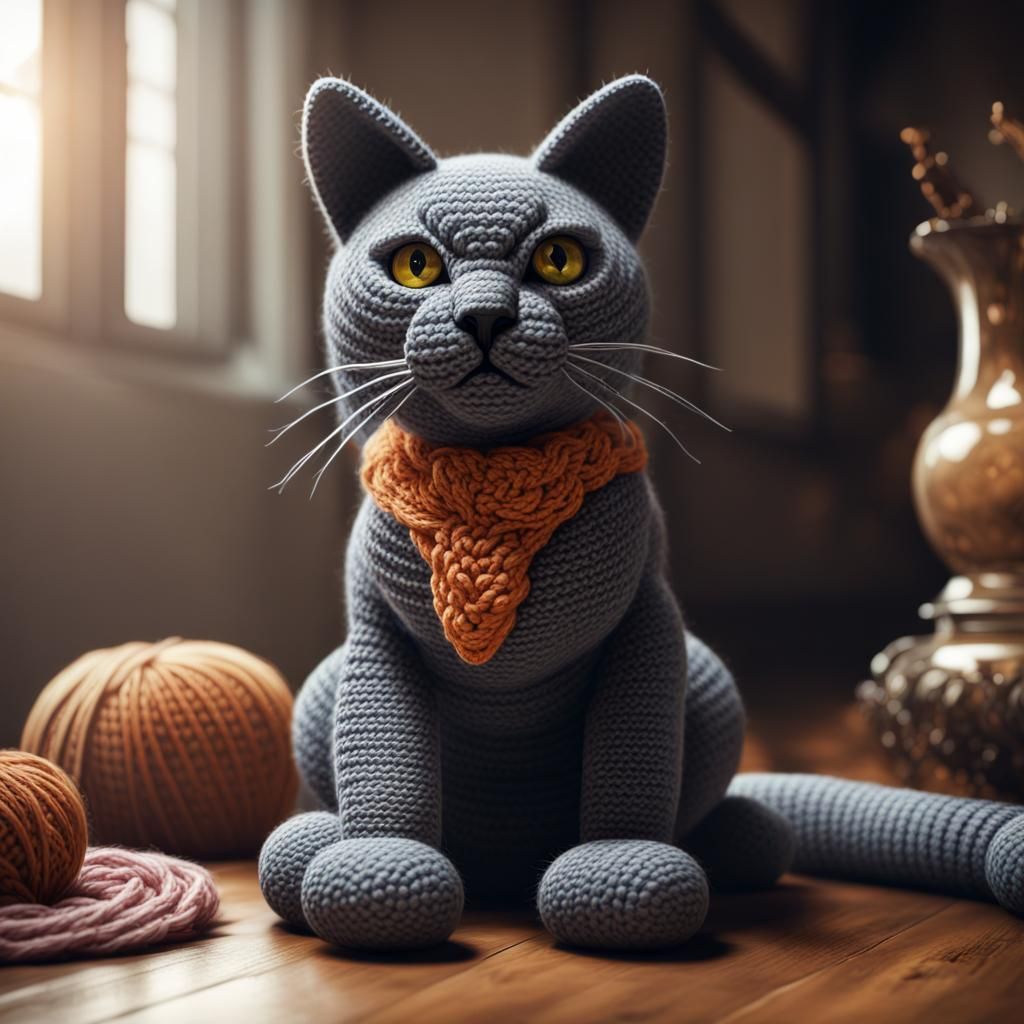 Photorealistic Crocheted Cat in Dark Fantasy Style