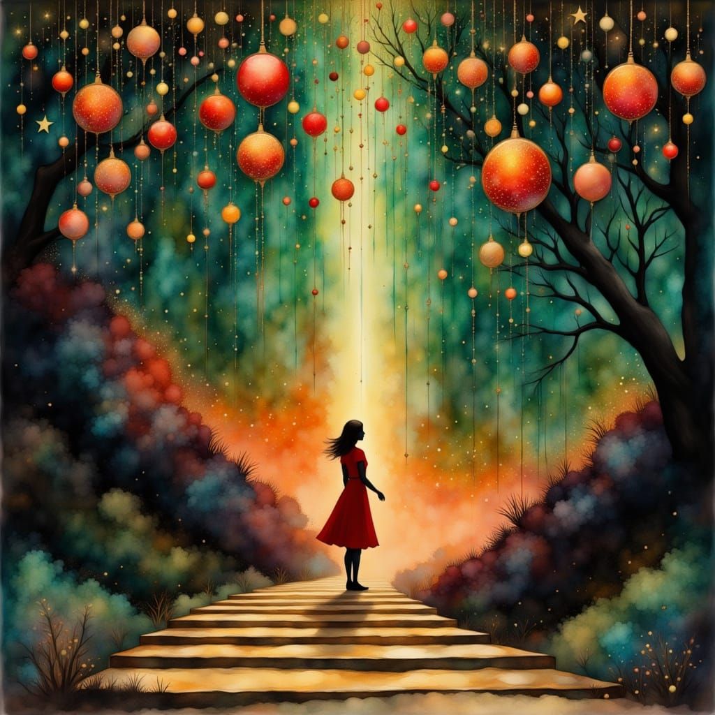 Surreal Christmas Staircase Ascending to Starry Expanse