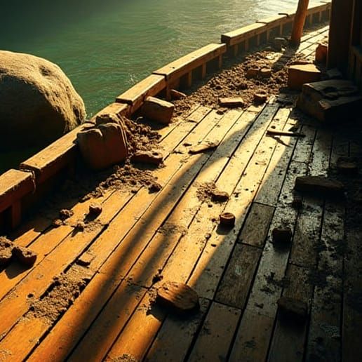 Wrecked Ship Deck in Shallow Water with Sunlight