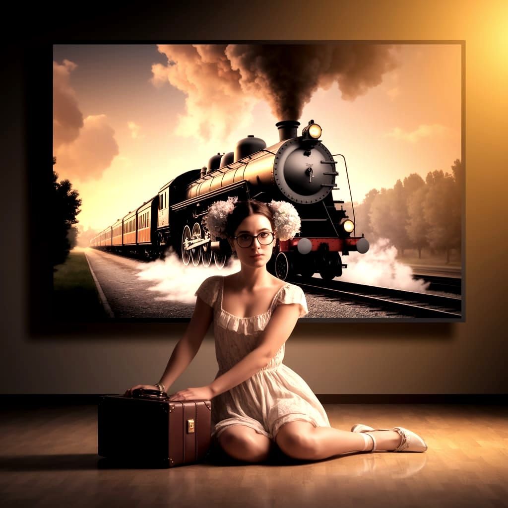 Surreal Gallery Scene with Steam Locomotive and Whimsical Wo...