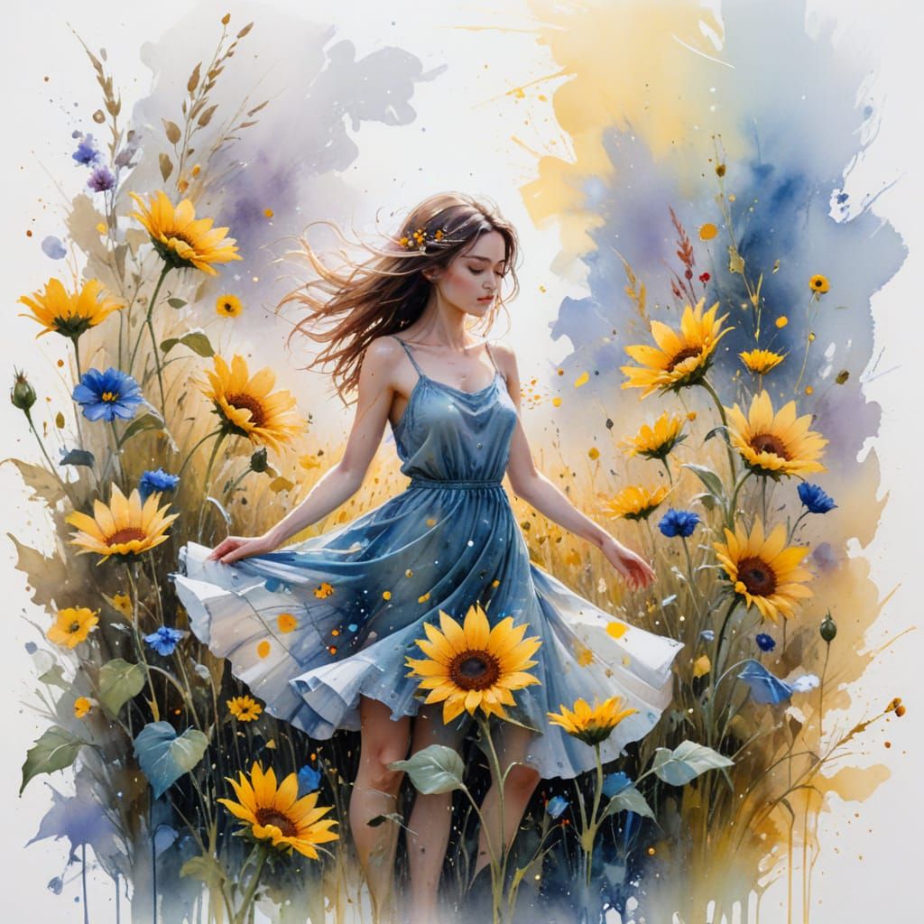 Moonlit Meadow with Dancing Petals in Whimsical Watercolor