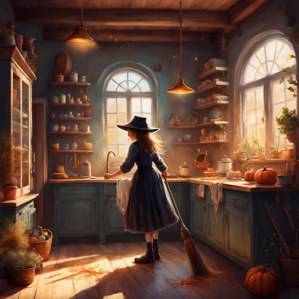 Whimsical Witch Sweeps Sparkling Kitchen in Painterly Style