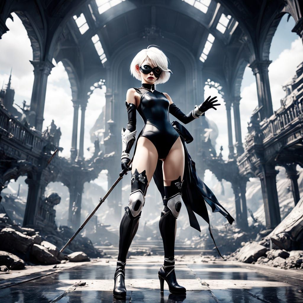 Fierce Warrior in Black and White Leotard, Ready for Battle