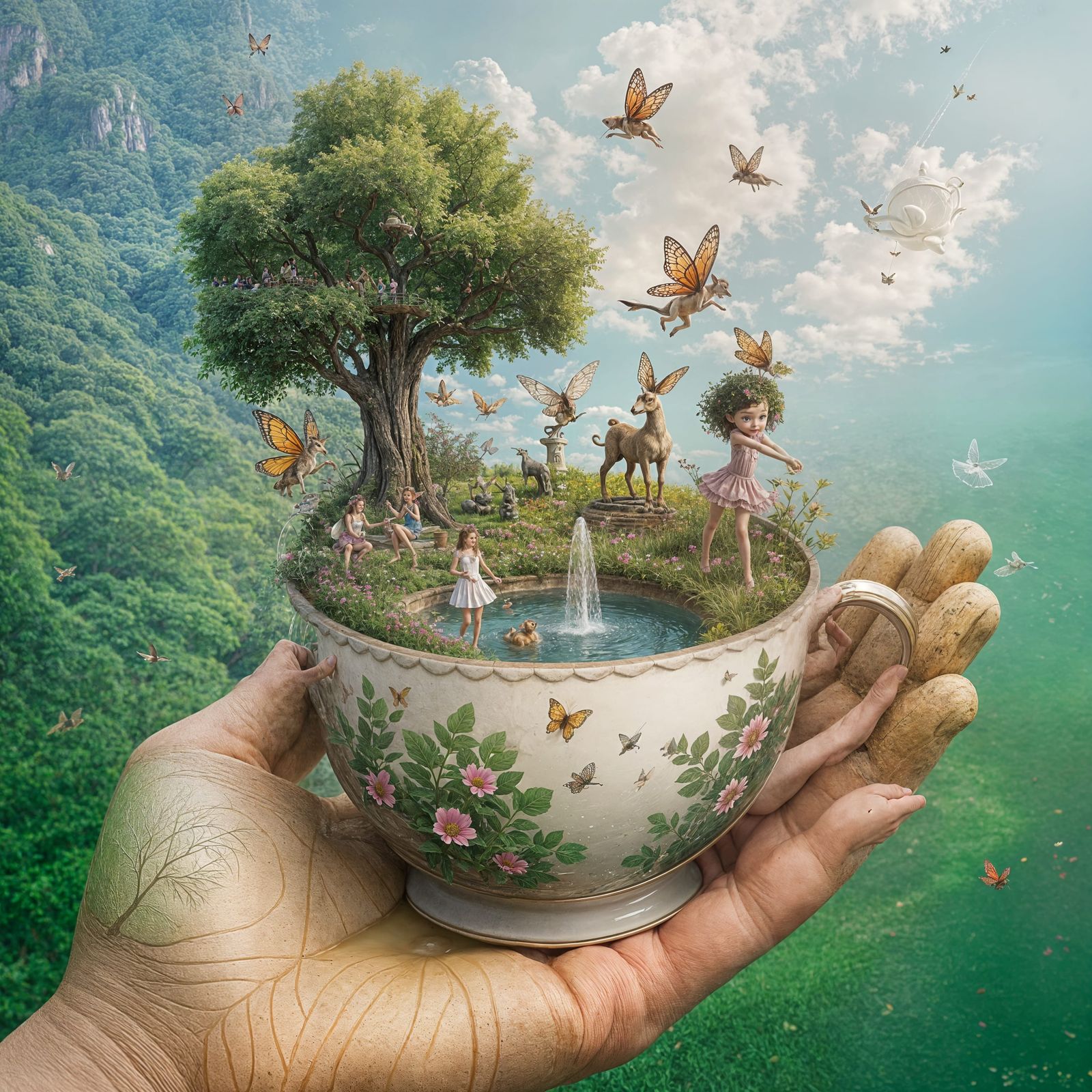 Teacup World: Miniature Nature Scene with Fairies