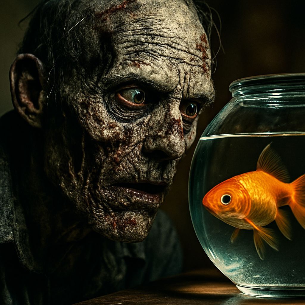 Zombie's Gaze: Hyper-Realistic Close-Up of Goldfish Bowl