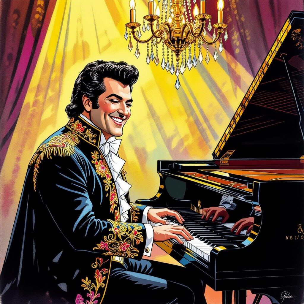 Liberace Performs at Grand Piano in Caricature Style