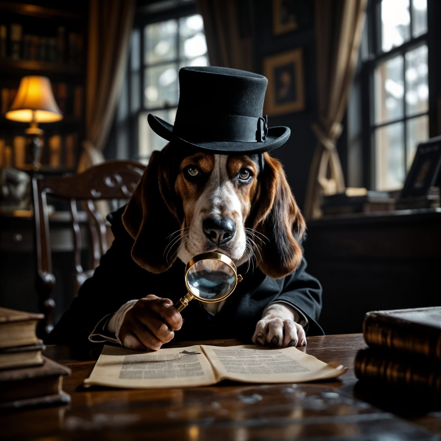 Basset Hound Detective in Moody Victorian Study