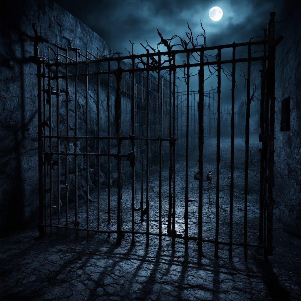 Abandoned Jail Cage in Dark, Ominous Landscape