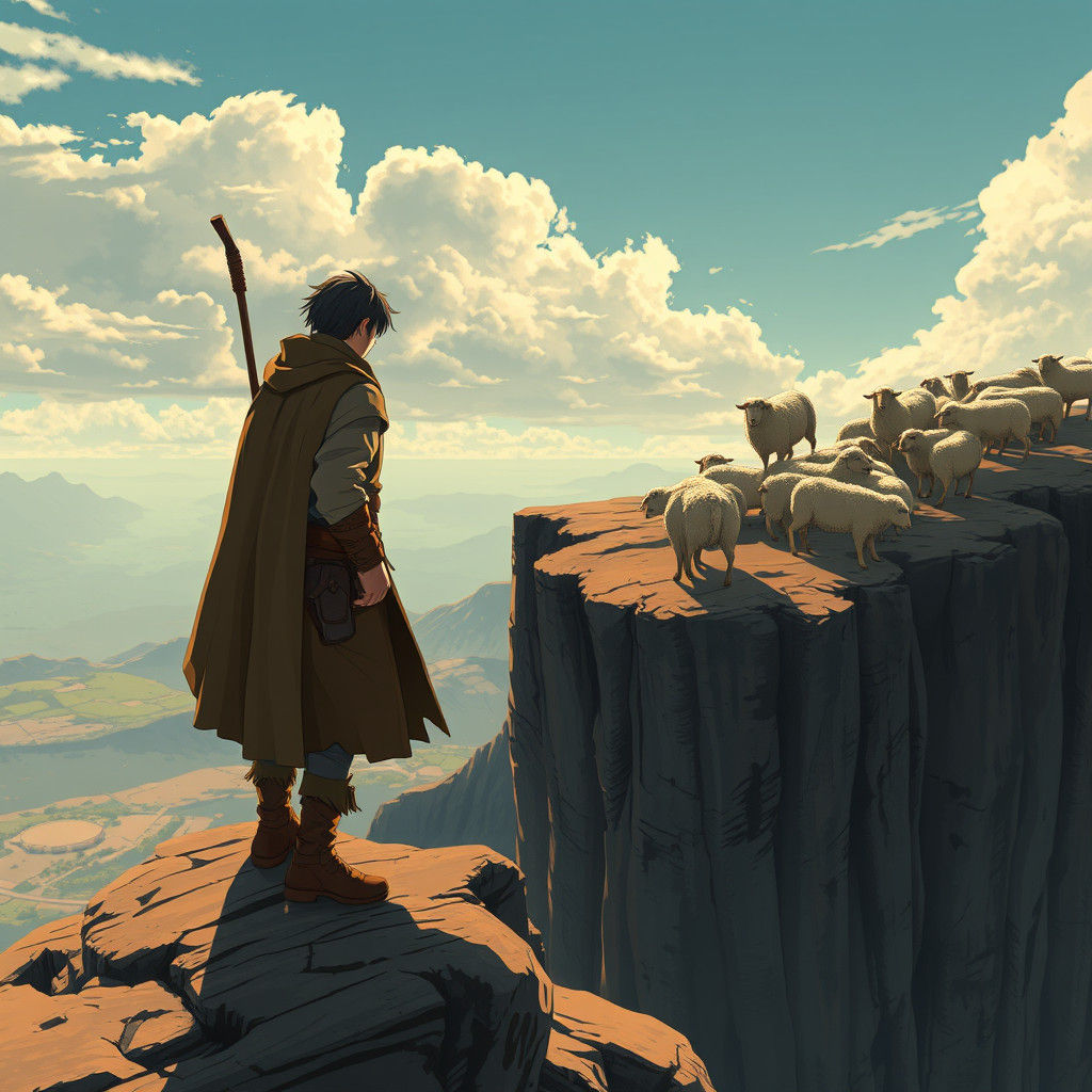 Shepherd's Rescue: Evocative Anime-Style Cliffside Scene