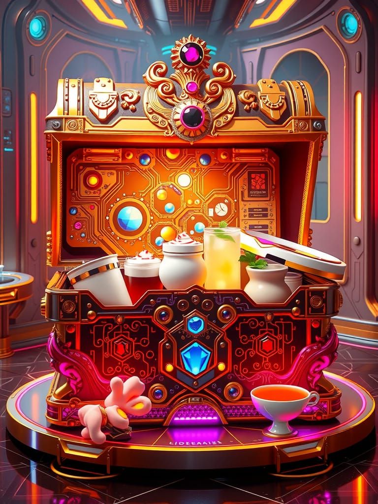 Ornate Golden Chest of Infinite Hot Drinks in Futuristic Sty...