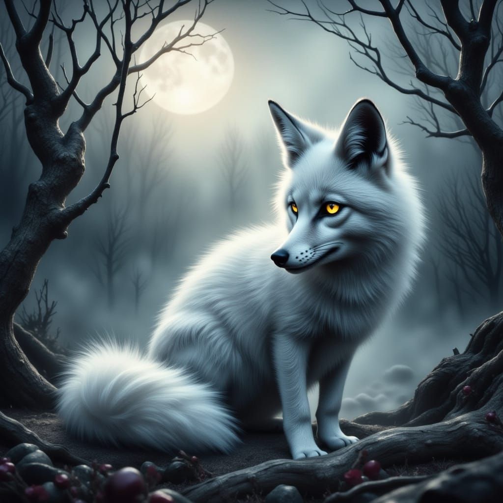 Mystical Silver Fox in Moonlit Forest