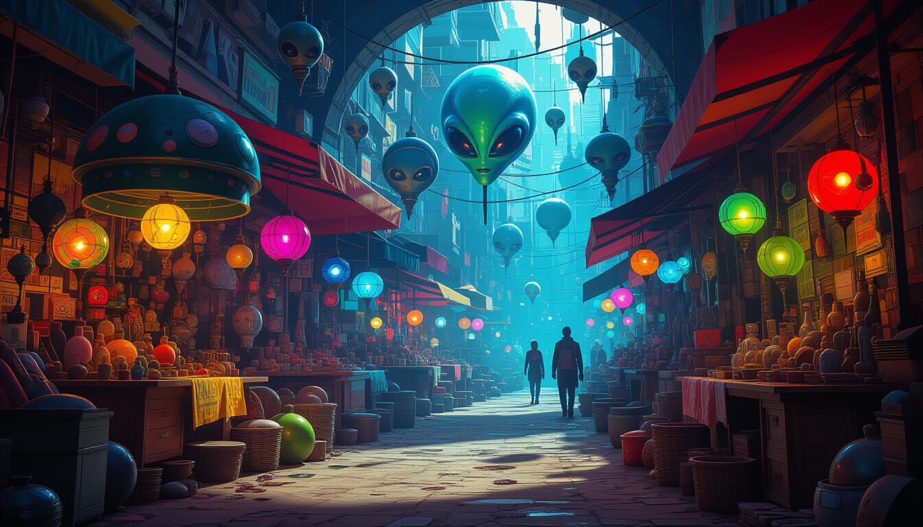 Surreal Alien Marketplace with Vibrant Colors