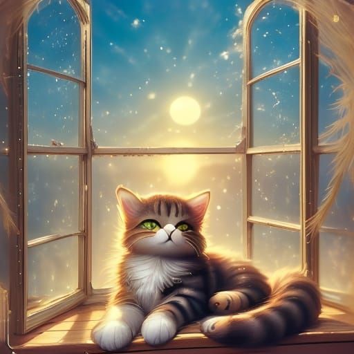 <lora:Cute kitty:1.0> A close-up shot of a cat on a sun-drenched windowsill