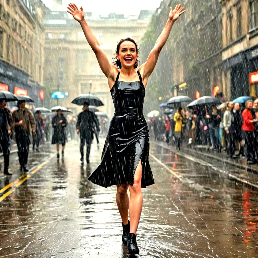 Daisy Ridley in London Rain: Cinematic Film Still