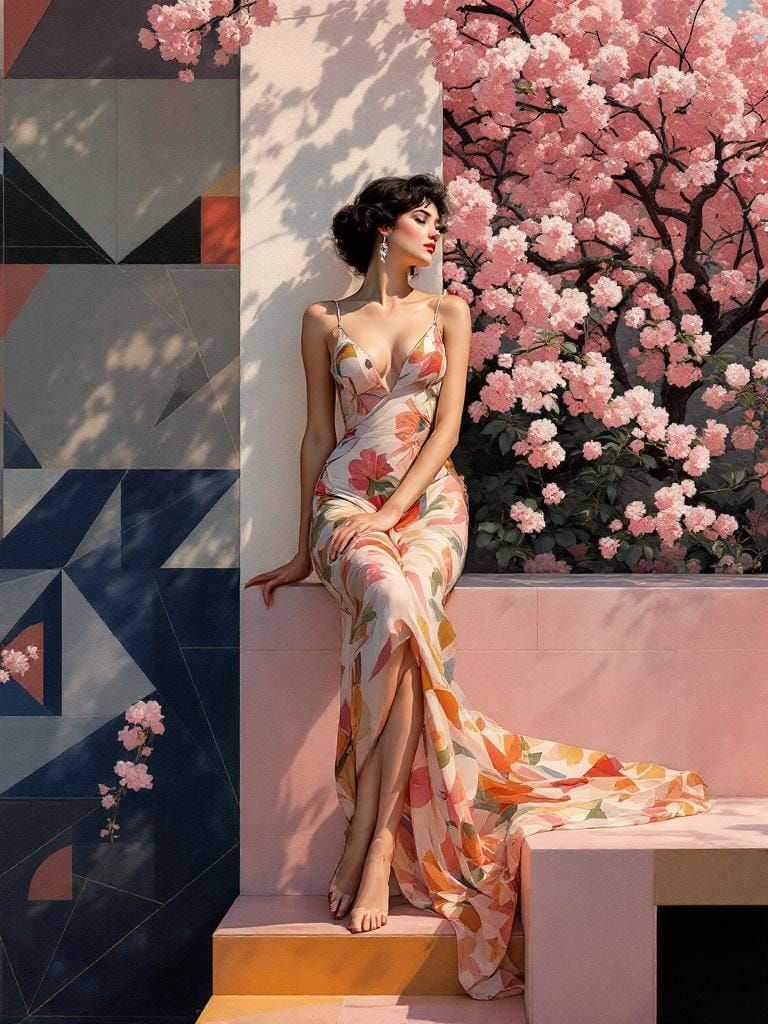 Vintage Pin-Up in Abstract Geometric Garden, Luminous Realis...