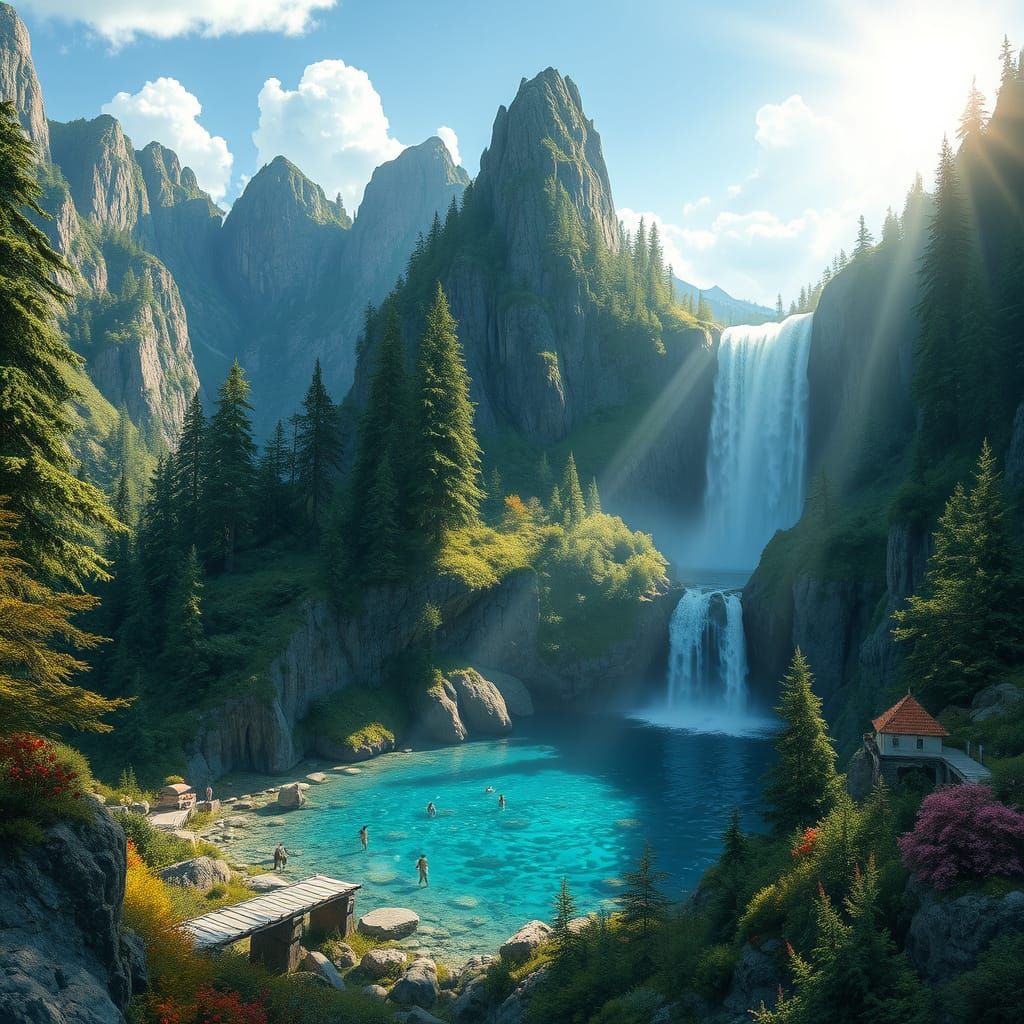 Breathtaking Landscape with Cascading Waterfall in Whimsical...