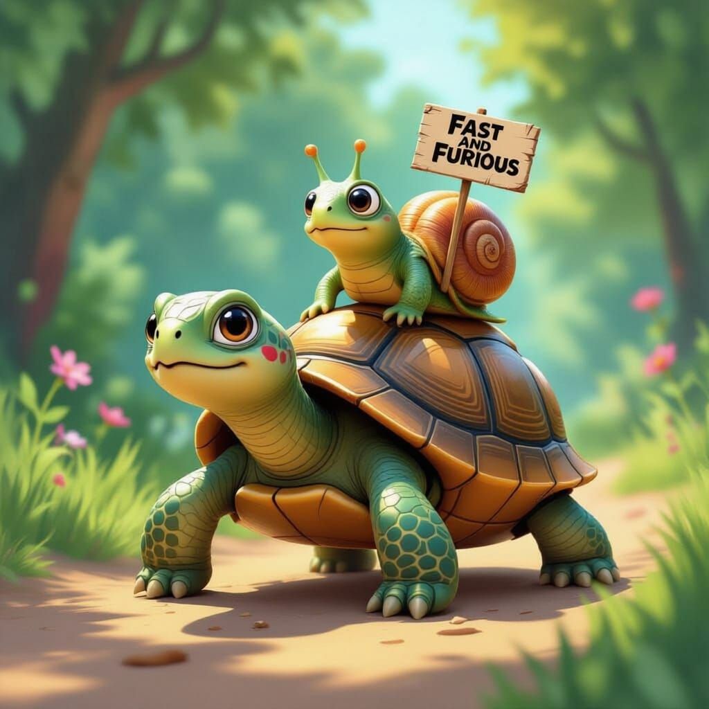 Cute Cartoon Turtle Carries Snail With "FAST AND FURIOUS" Si...