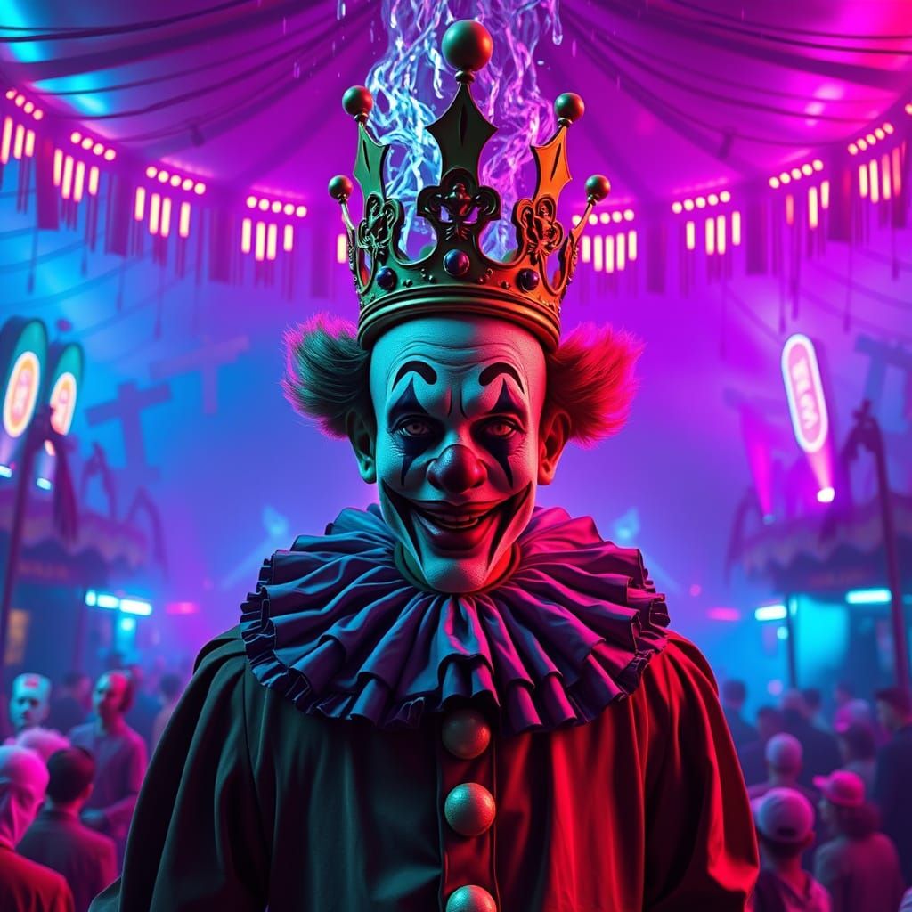 Crowned Clown King in Neon Circus, Digital Painting