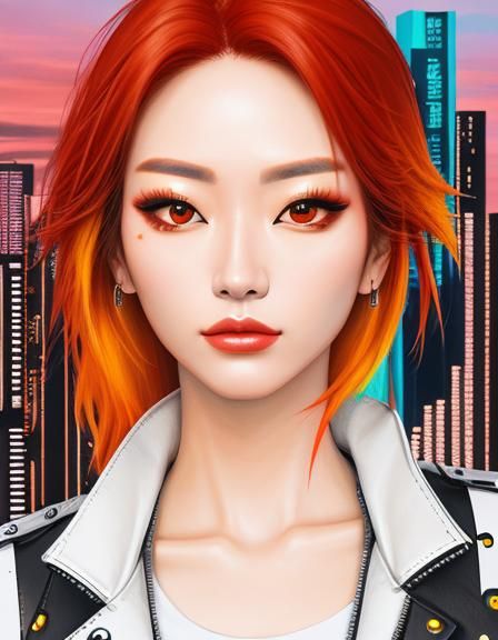 Cyberpunk Sunset Goddess in Leather Jacket