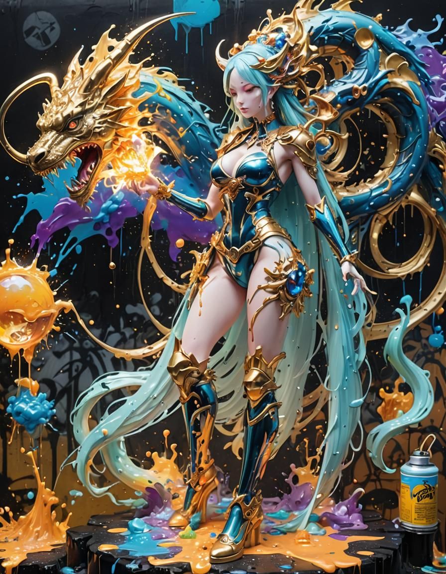 Dragon Girl Chimera with Robot Skeleton in Anime Style