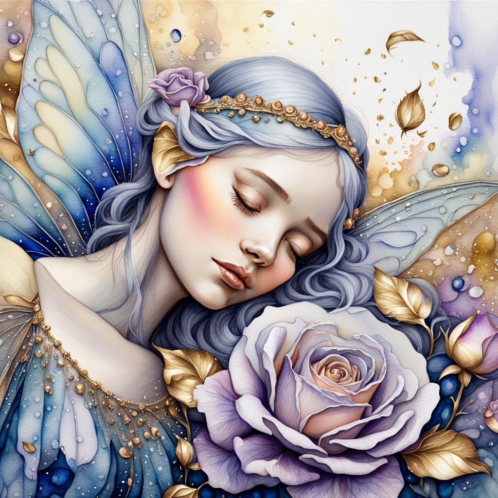 Fairy Asleep on Rose: Delicate Watercolour Fantasy Art