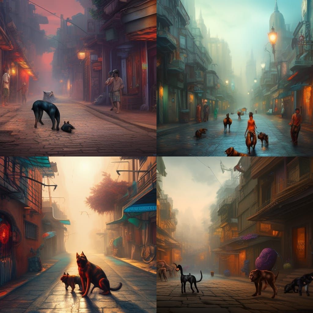 Fantastical Street Dogs in Detailed Matte Painting