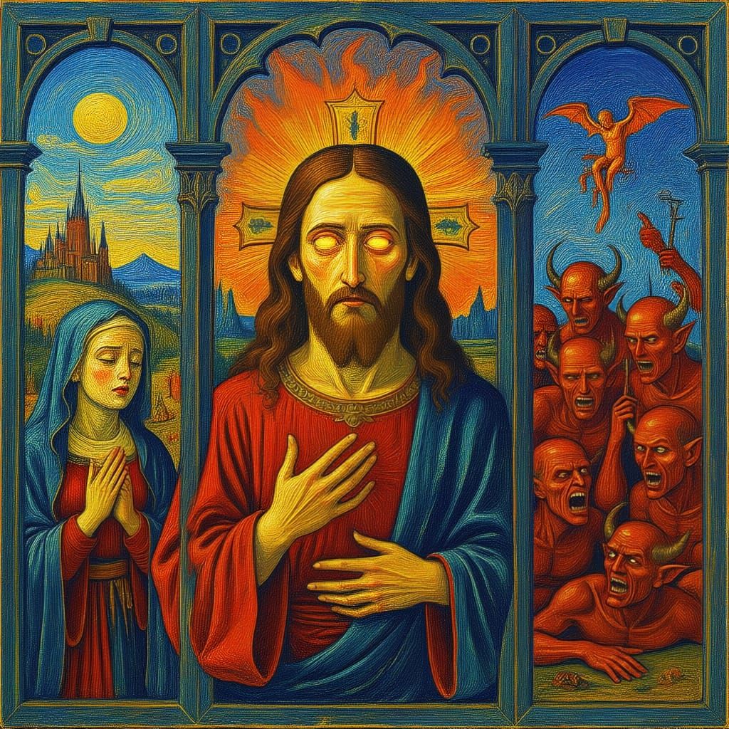 Hellish Triptych of Suffering and Demons in Bosch Style