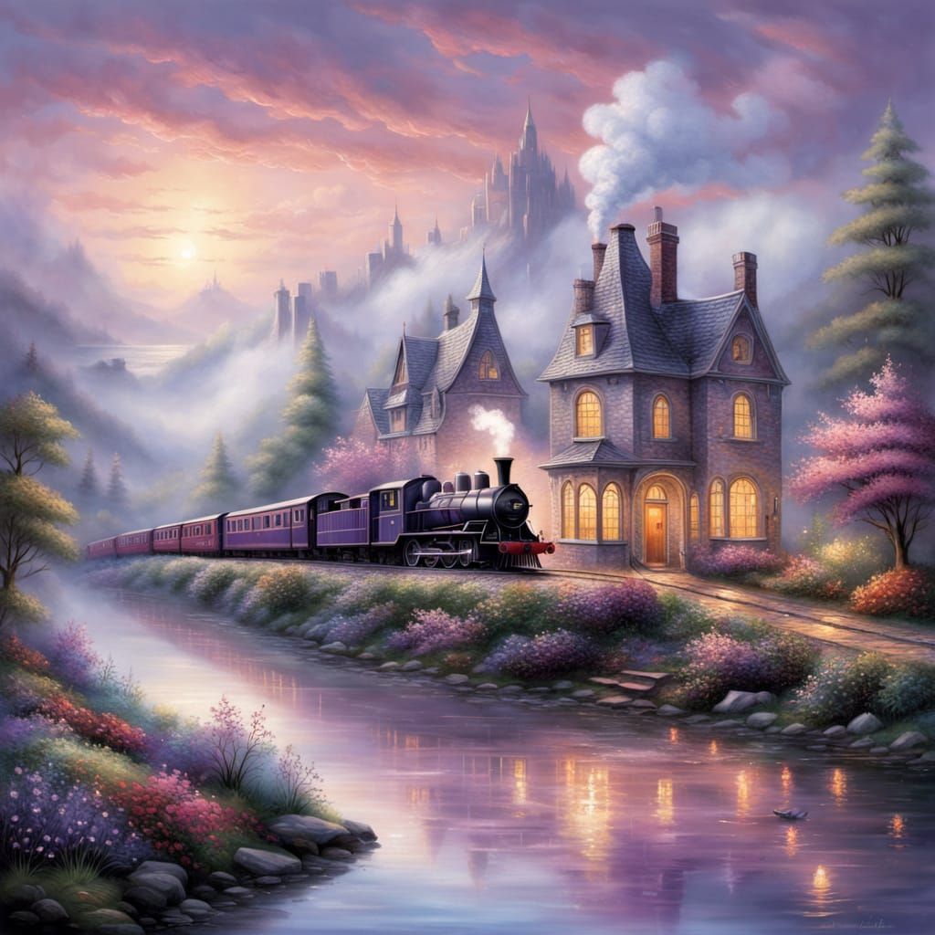 Ethereal Steam Train Chugs Through Lavender Twilight