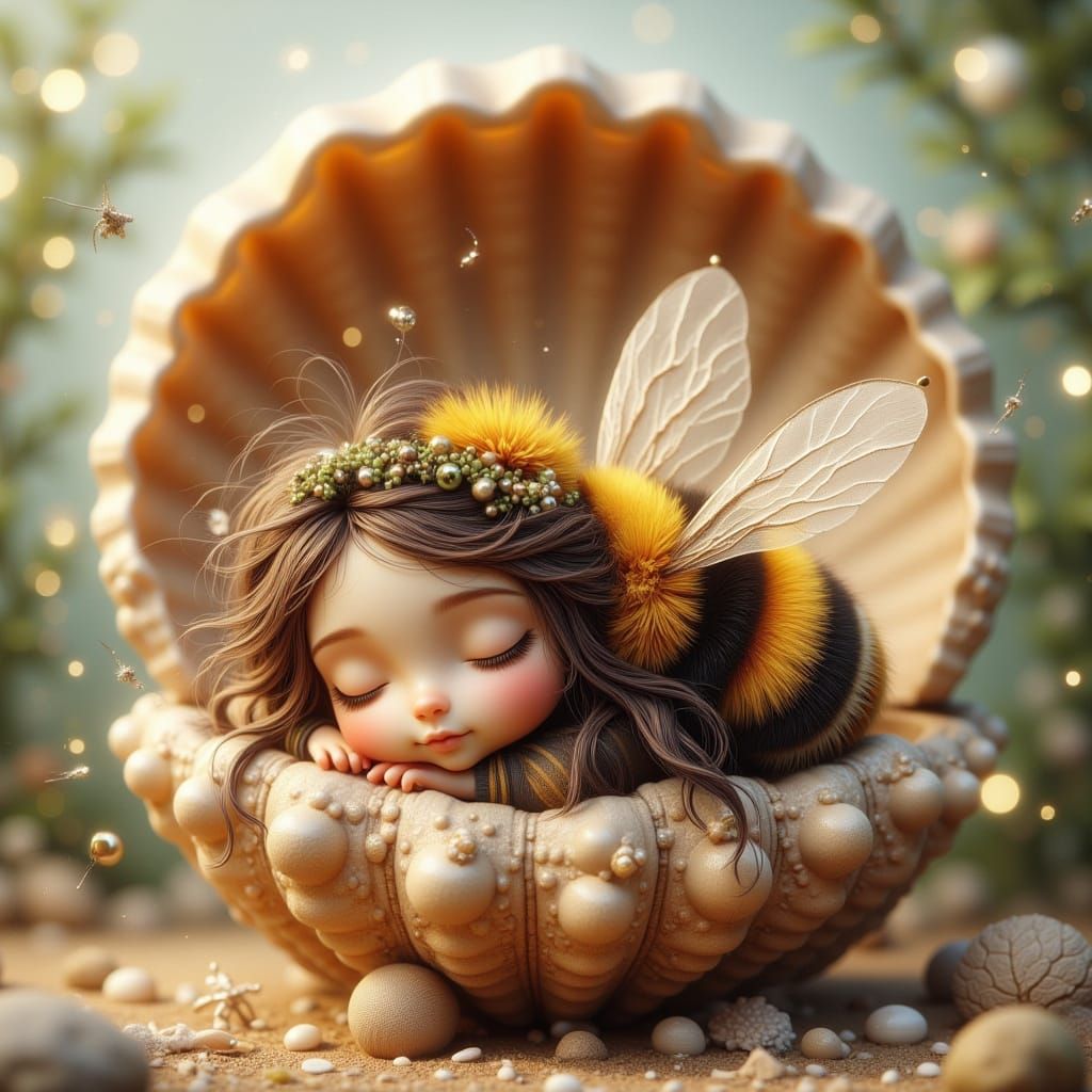 Sleepy Bumblebee Rests in Beautiful Seashell