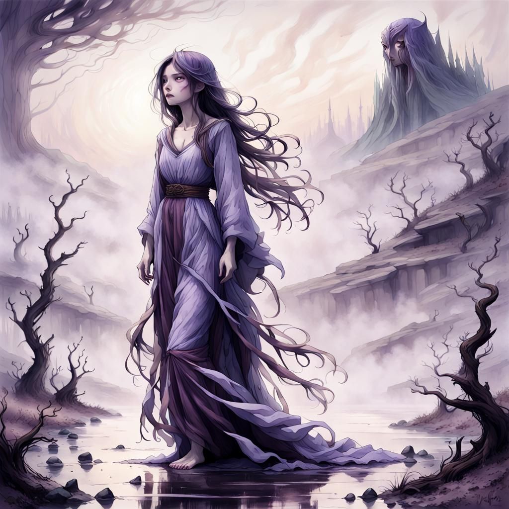 Sorrowful Beastkin Woman in Desolate Landscape