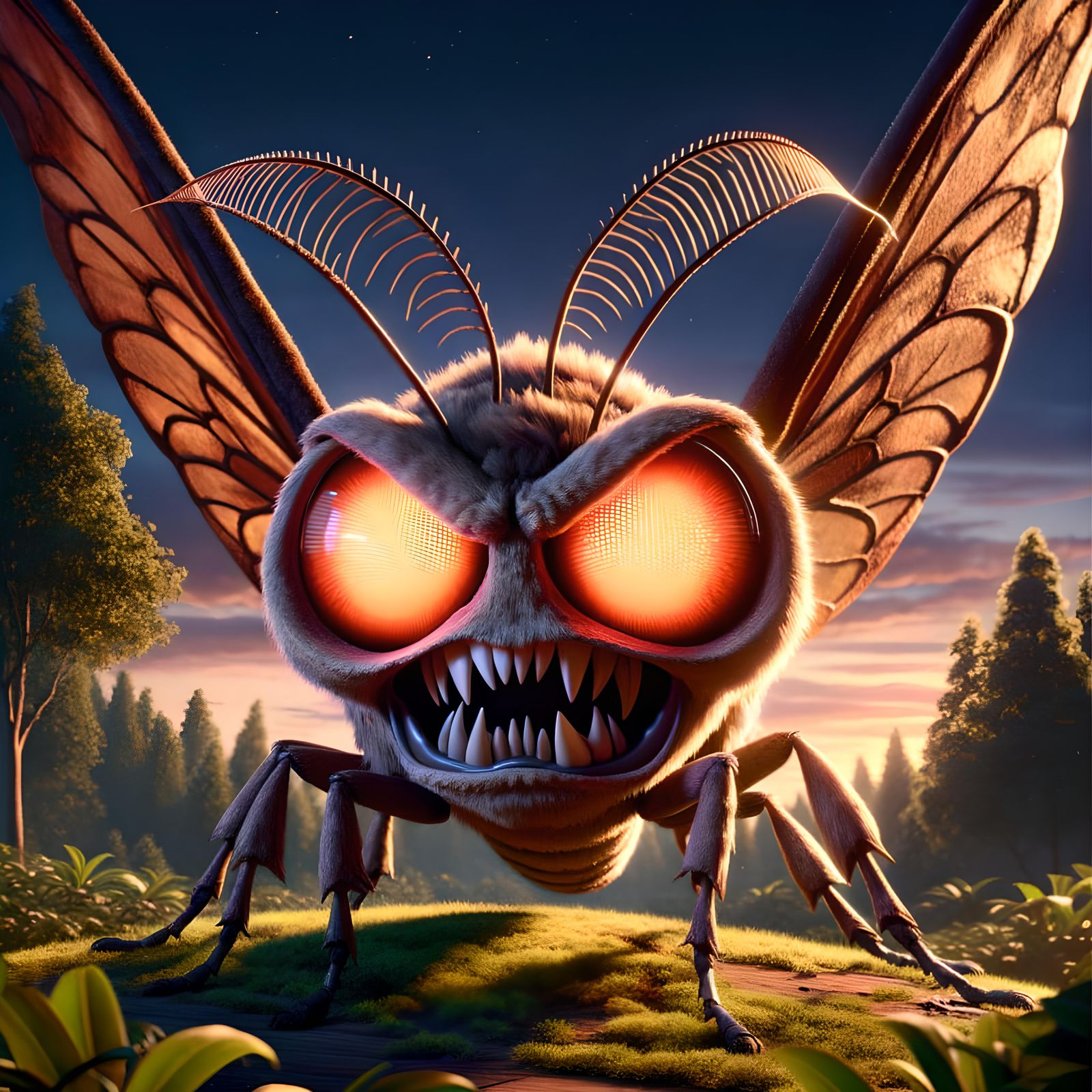 Enraged Cartoon Moth in Twilight Forest