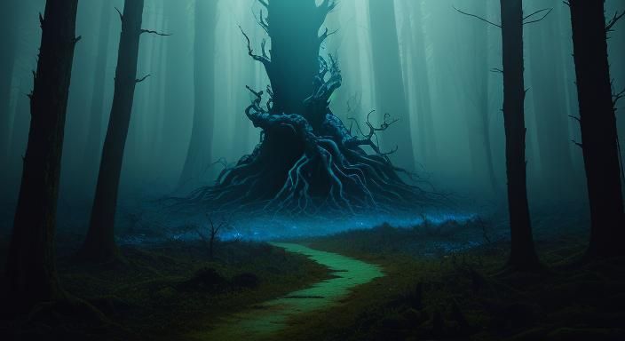 Slender Man Emerges from Twisted Tree in Beksiński Style