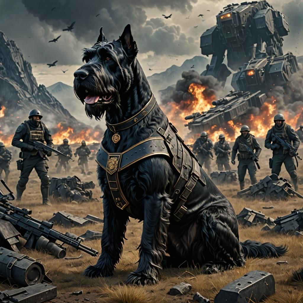 Giant Schnauzer in Military Outfit, Digital Matte Painting