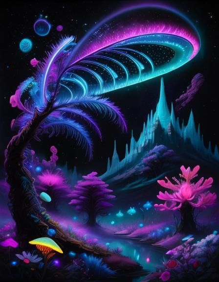 Neon Bioluminescent Alien World at Night