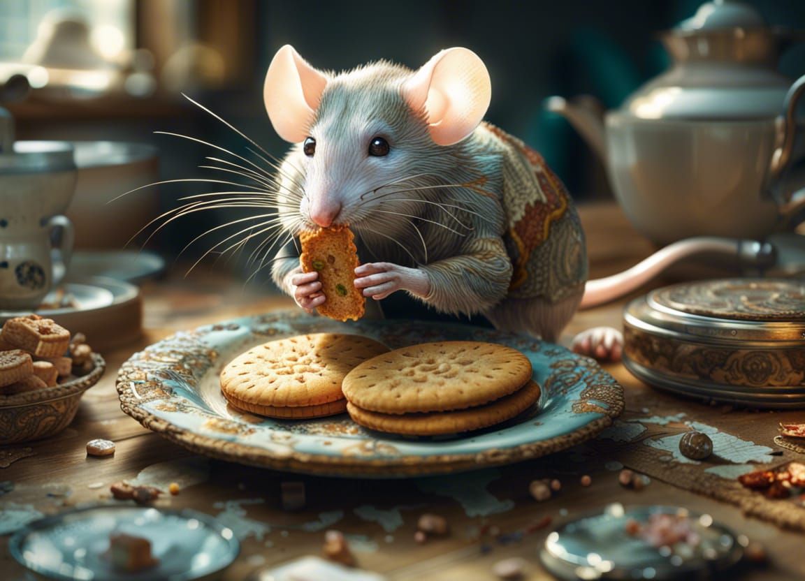 Mouse Eating Biscuit: Detailed Digital Art