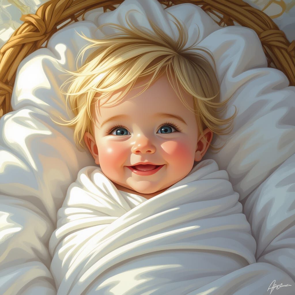 Smiling Blond Baby in White Swaddle, Hyperdetailed Splash Ar...